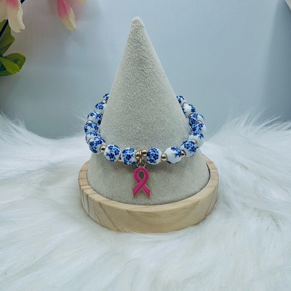 Chinese-Style Ceramic Floral Beaded Stretch Bracelet w/ Pink Breast Cancer Charm